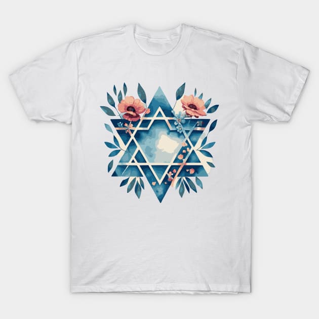 Israeli flag watercolor with flowers T-Shirt by Mey Designs